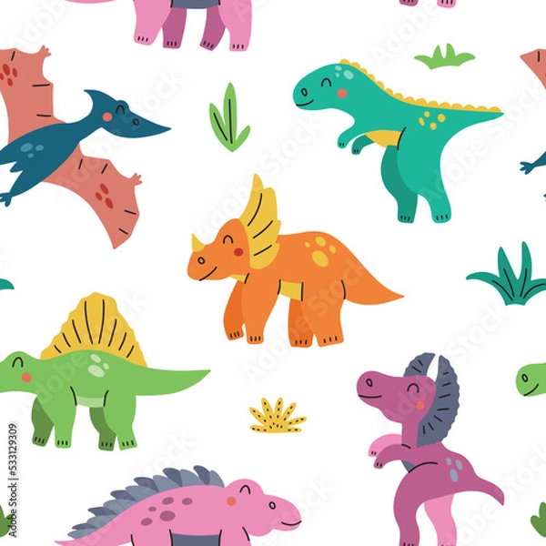 Fototapeta Funny seamless pattern with cartoon dinosaurs. Hand drawn vector doodles for girls, boys, kids for fashion clothes, shirt, fabric