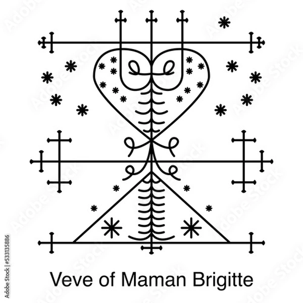 Fototapeta Veve of Maman Brigitte. Voodoo religious symbol. Transparent black icon, isolated on white background. Vector EPS10. 