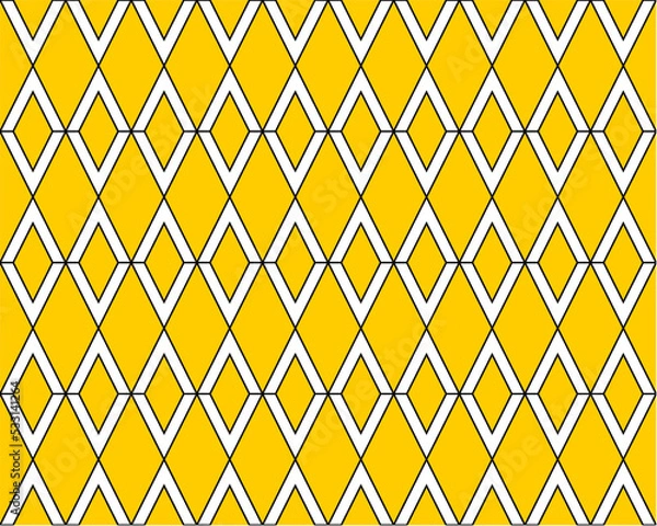 Fototapeta White v letter repeating pattern isolated on yellow background vector. Rhombus, thin diagonal lines, wall ceramic tiles seamless pattern.