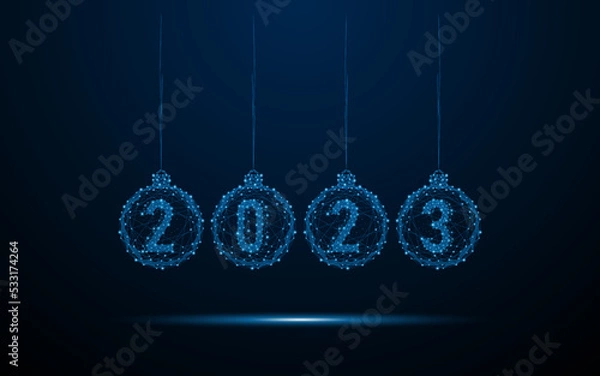 Fototapeta Happy New Year 2023 hanging with Christmas balls. Digital low poly wireframe style design with connection points. vector illustration
