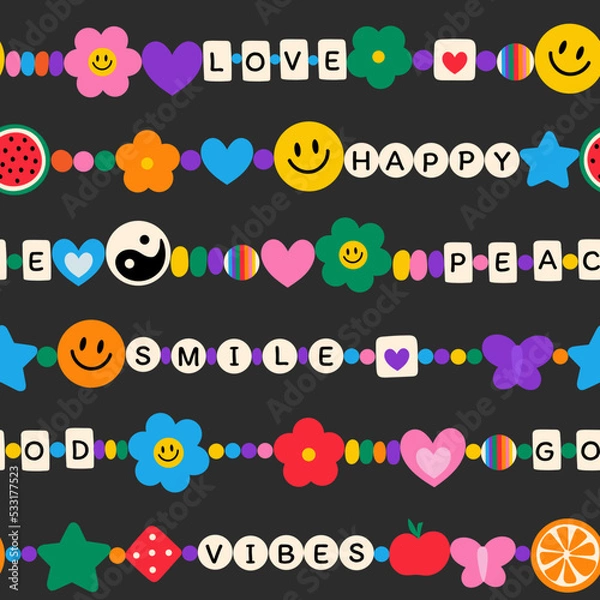 Fototapeta Seamless pattern with old school retro friendship bracelets. Cartoon 90s style. Vector background in 00s style. Handmade plastic bracelet in hippie style.  For textiles, clothing, bed linen.