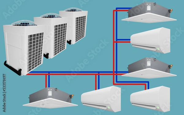 Fototapeta multi system multiple outdoor units and multiple indoor air conditioner units 3d