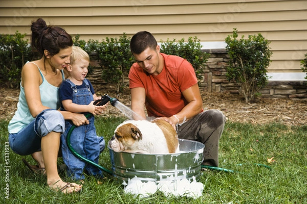 Obraz Rodzina kąpie psa.