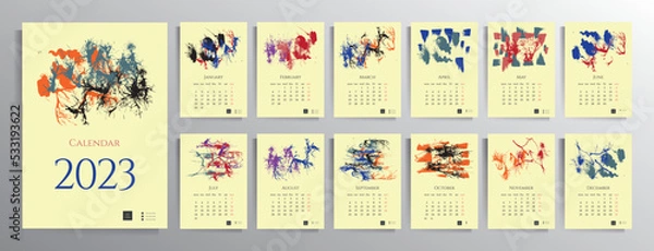 Fototapeta Calendar template for 2023. Wall calendar for 12 months. Contemporary design with abstract artistic illustrations.