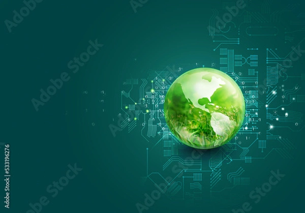 Obraz Natural World in changing digital technology era time concept, Glass earth and green grass inside on digital graphic art binary numbers dark background