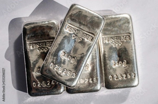 Fototapeta Four cast silver bars weighing 250 grams each. Four ingot of silver produced in Germany. feinsilber is fine silver.