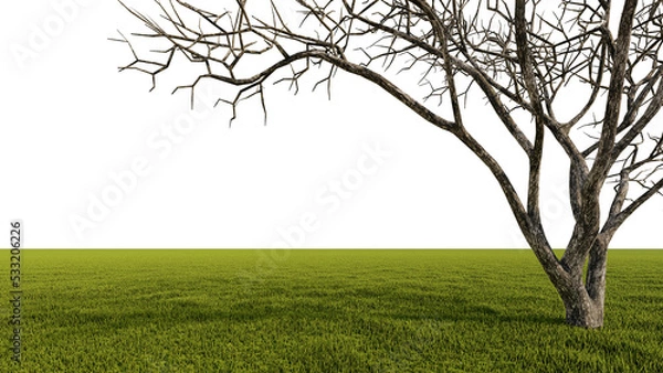 Obraz A 3d rendering image of a big dead  tree placed grass field.