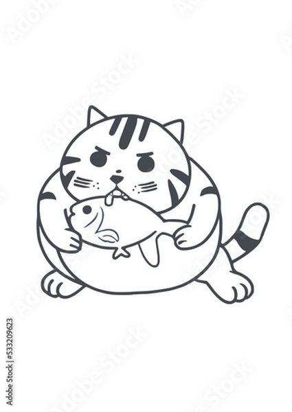 Fototapeta Cat eat fish in manga style - only lines