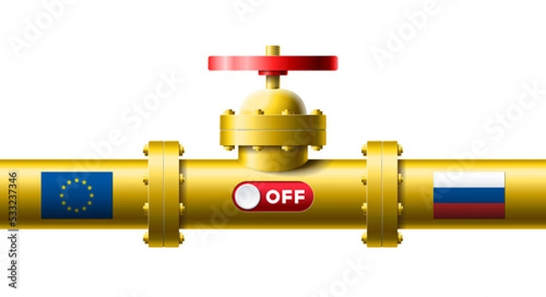 Fototapeta Gas yellow pipeline with red slider turn off and flags European union and Russia vector illustration. Concept shutting off the gas supply import from Russia