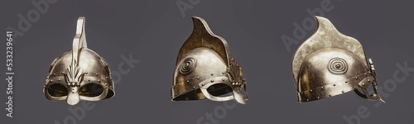Obraz Three warrior helmets from 3 view angles, Old brass metal helm, 3d rendering
