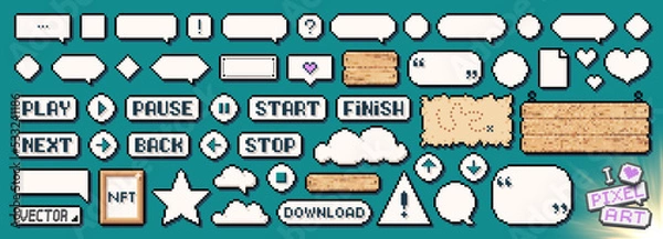 Obraz Pixel art frames. Retro game UI play buttons, speech bubbles messages and quote frames vector set