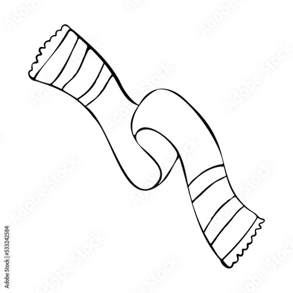 Fototapeta Autumn scarf isolated on white background. Hand drawn vector illustration. Winter accessories icon. Striped fringe scarf. Monochrome outline clip art. Warm clothes simple ink sketch. Childish drawing