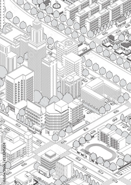 Fototapeta 街並みの立体図. 都市の景観. 線画のイラスト.