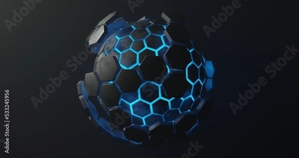 Obraz abstract background using a ball shape with a bright blue texture and a black hexagon shaped skin located in the center, 3d rendering and 4K size