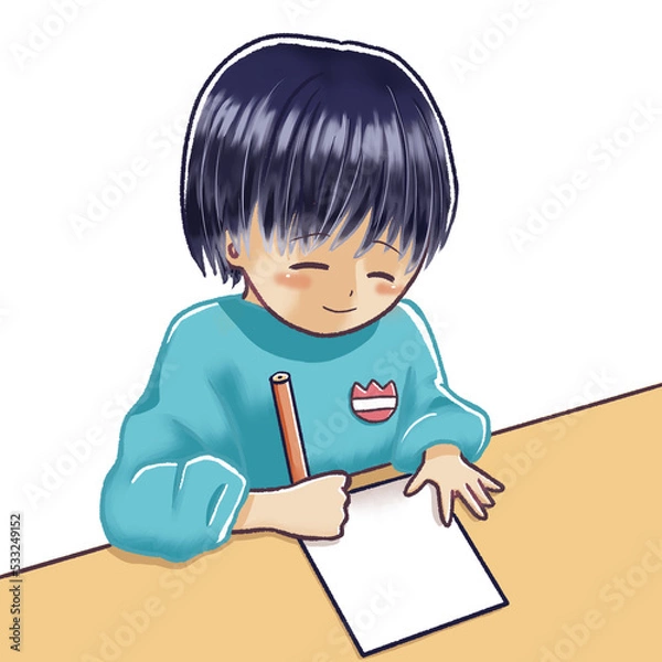 Fototapeta 笑顔で机で書いている幼児のイラスト