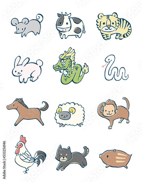 Obraz 十二支の手描きイラストセット	
