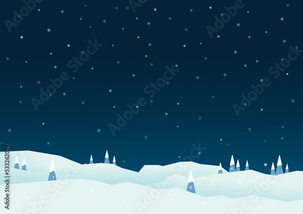 Fototapeta Christmas landscape. Night of winter hills and pines landscape background with snowfall.