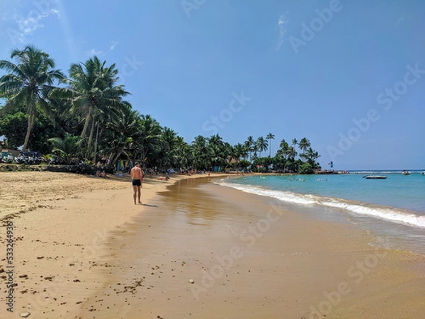 Fototapeta Hikkaduwa, Sri Lanka - March 8, 2022: Beautiful view of the beach in Hikkaduwa with green palm trees. People relax, sunbathe and swim in the Indian Ocean