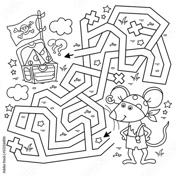 Fototapeta Maze or Labyrinth Game. Puzzle. Tangled road. Coloring Page Outline Of Cartoon little pirate mouse with chest of treasure. Cheese trove. Coloring Book for kids.