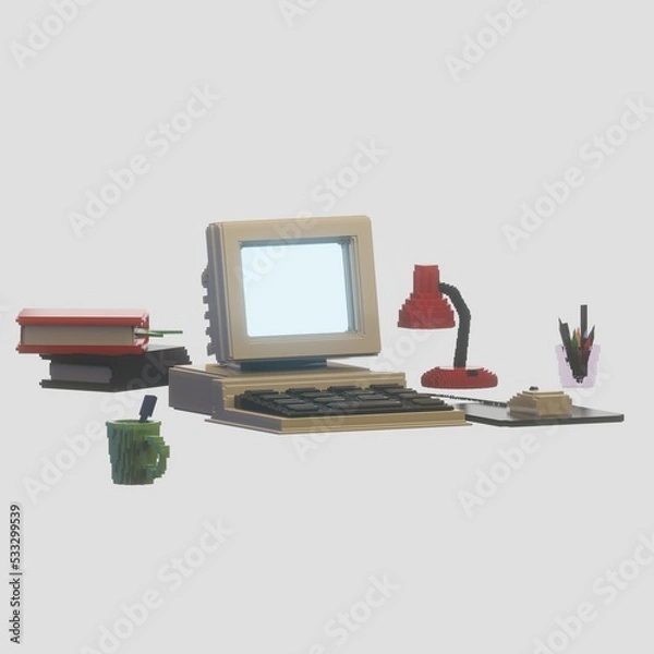 Obraz retro computer  with mouse and keyboard - 3d render illustration