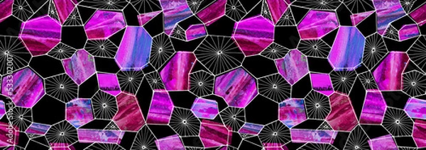 Fototapeta Abstract colorful seamless pattern on a black background. Blue, purple, gray, and black endless backdrop for wallpaper, fabric, or wrapping paper. Morden mosaic art. Geometrical shape texture. Border.