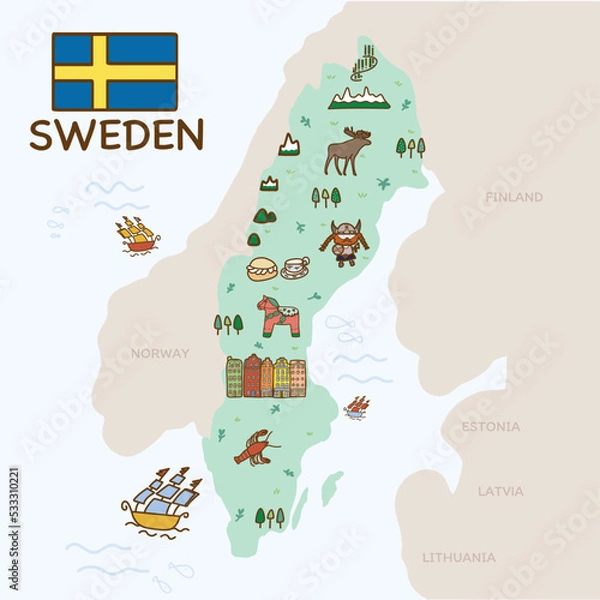 Obraz Sweden flag and travel map with traditional landmarks and tourist attractions. Cute hand drawn vector illustration.