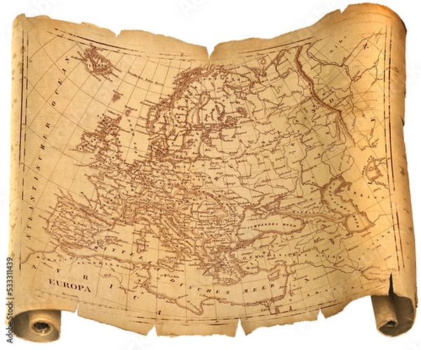 Fototapeta Old ragged Europe map torah, paper or parchment document roll isolated