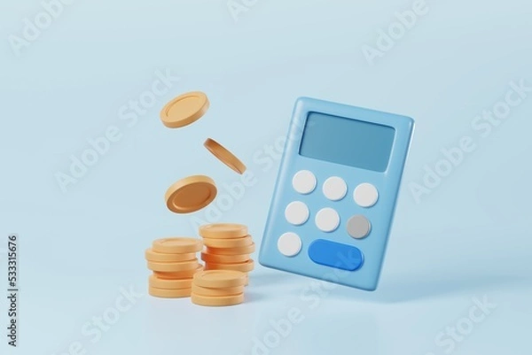 Fototapeta Minimal style math financial calculator with stacking coins on blue background. Business investment budget balance, income tax, economy analysis, money savings, accounting work concept. 3d rendering
