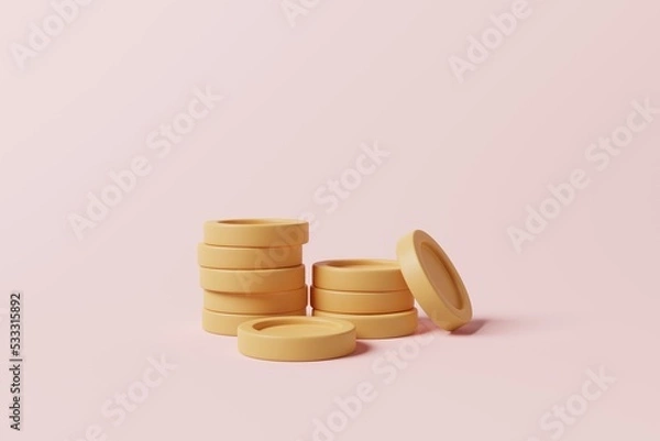 Fototapeta Stacking coins on pink background. Business profit earning, money savings, investment concept. 3d rendering