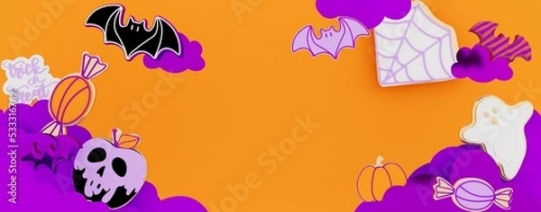 Fototapeta Happy Halloween banner or party invitation. 3D render illustration of Halloween theme cookies with the shape of pumpkin, ghost, bat, skull, poison apple, spiderweb, calligraphy of  trick or treat 