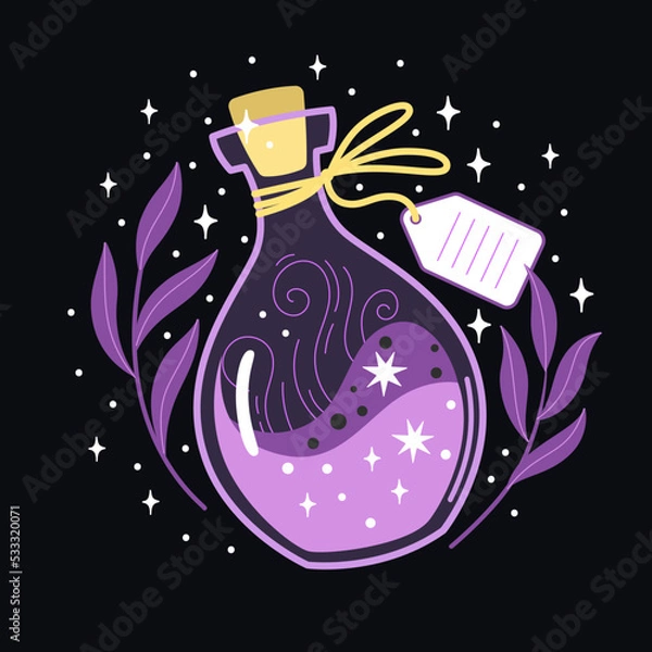 Fototapeta Hand drawn bottle with magic potion in fantasy style on white background. Doodle vector illustration of vial with occult objects like swirl liquid and ribbon tied tag
