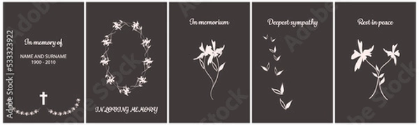 Obraz Funeral concept. Sign and symbols. Frames with funeral theme: wreath, cross, text In memory of and condolences, place for dates and under the photo, flowers.
