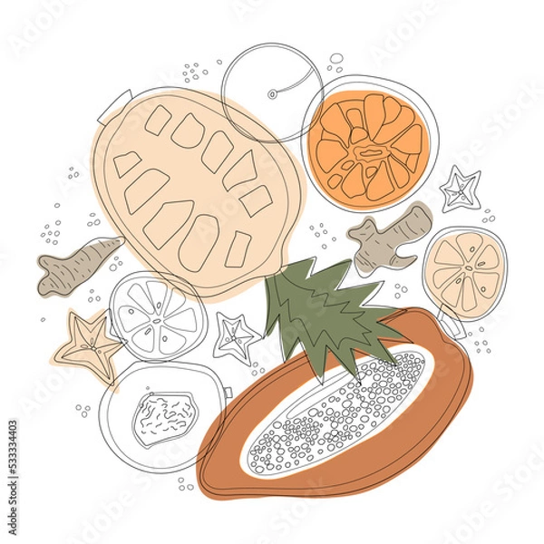 Fototapeta Round of vegetables  and fruits vector illustration in scandinavian style. Linear graphic. Vegetables and fruits background. Healthy food isolated on white background.