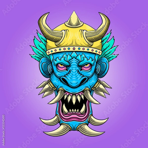 Fototapeta Hand drawn angry monster with horn and sharp teeth