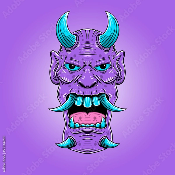 Fototapeta Hand drawn angry monster with horn and sharp teeth