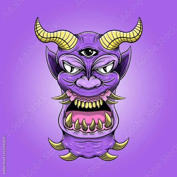 Fototapeta Hand drawn angry monster with horn and sharp teeth