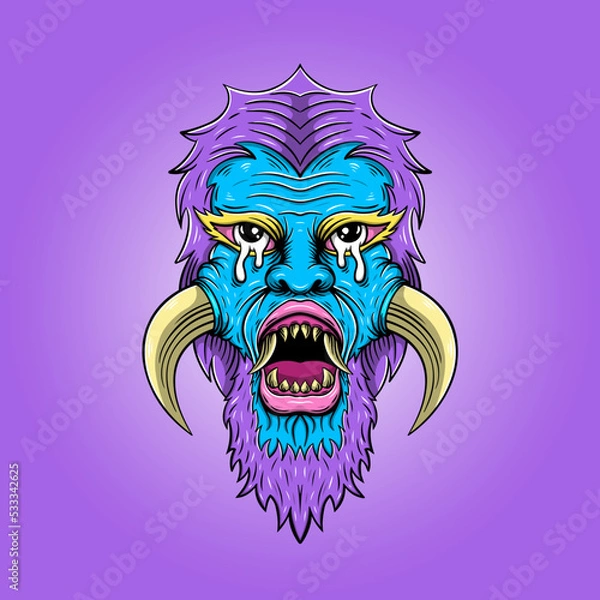 Fototapeta and drawn angry monster with horn and sharp teeth