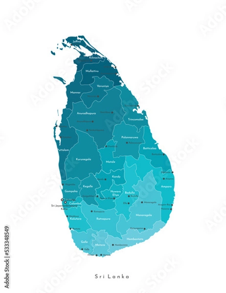 Obraz Vector isolated illustration. Simplified admimistrative map of Sri Lanka. Blue shapes of Iregions. Names of the cities and provinces. White background