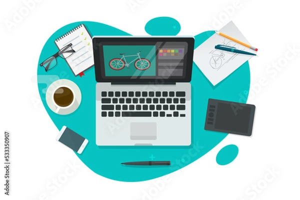 Fototapeta Drawing artist graphic image software design editor vector on designer table desk top view above flat modern cartoon, illustrator professional program on laptop computer workplace, creative online