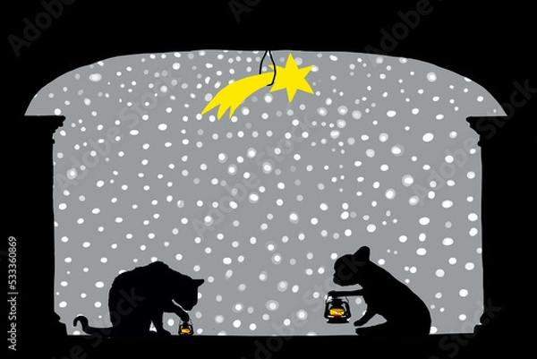 Obraz natale con cane e gatto neve e cometa 