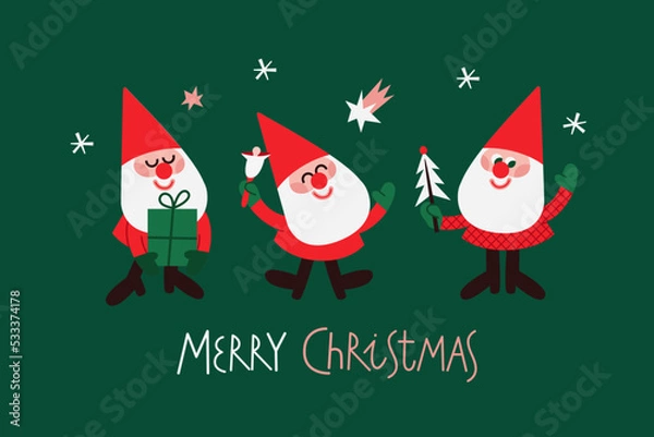 Fototapeta Set of vector Santas with bell, present box and Christmas tree. 
New Year card with three gnomes in red hats. Handwritten lettering Merry Christmas. Christmas greeting postcard in red and green colors