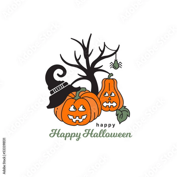 Obraz Happy Halloween vector colored icon. Card. Pumpkins and tree.
