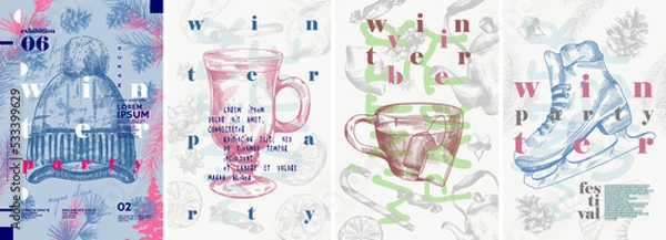 Fototapeta Winter. Winter holiday. A set of vector illustrations. Hat, mulled wine, tea, skates. Typography. Pencil, engraving style. Poster, cover, banner, t-shirt print.