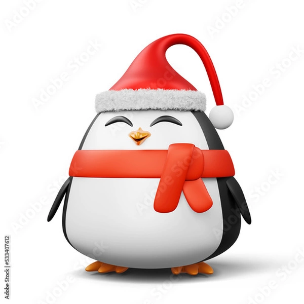 Fototapeta Cute penguin with christmas hat, happy christmas, 3d rendering