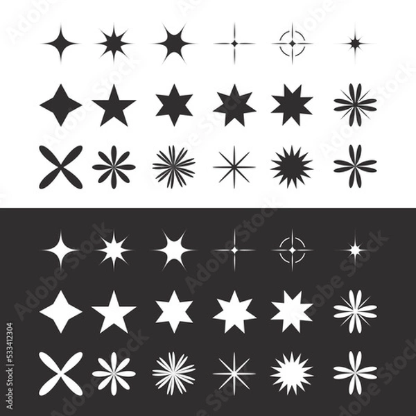 Fototapeta black and white snowflakes. Black and White Glitter decoration icon set shapes, star geometric glitter pattern. Memphis design retro elements. Retro funky graphic, vintage print element collection - s