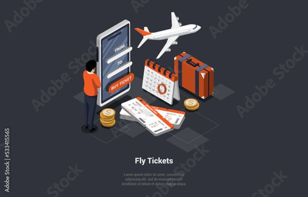 Fototapeta Online Buying Fly Tickets, Traveling by Plane Concept. Man Buying Tickets Using Mobile App On Smartphone. Character Getting Boarding Pass, Check-in Luggage. Isometric 3d Cartoon Vector Illustration