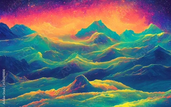Fototapeta I am looking at a dreamy psychedelic space landscape. The colors are swirls of blues, greens, purples, and pinks. There is a shining white light in the center that looks like a star or a planet.