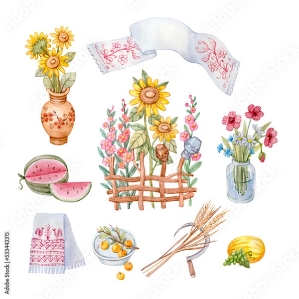 Obraz A set of watercolor drawings in the Ukrainian style (a woven fence with sunflowers and mallows, traditional embroidered towels, bouquets, a sickle with ears of wheat, a watermelon, a melon, apples in 