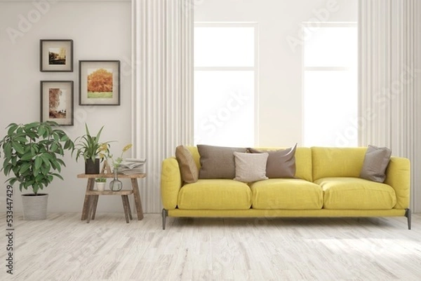 Fototapeta White living room with sofa. Scandinavian interior design. 3D illustration