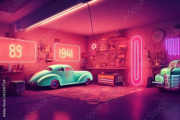 Obraz interior design garage with neon lights